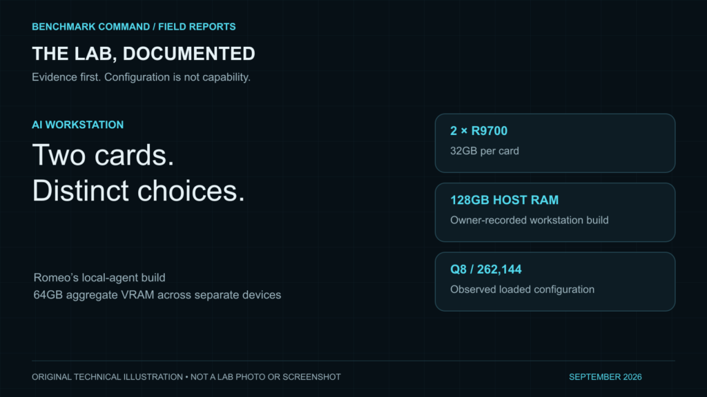 Benchmark Command build case study illustration: Romeo: the dual-R9700 build; not a lab photograph or screenshot.